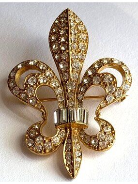 Vintage Butler & Wilson Fleur-de-lis brooch baguette rhinestone channel-set bar